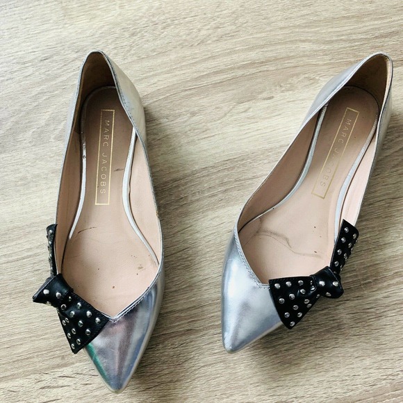 Marc Jacobs Metallic Silver Rita Black Studded Bow Ballerina Flats - Picture 2 of 5